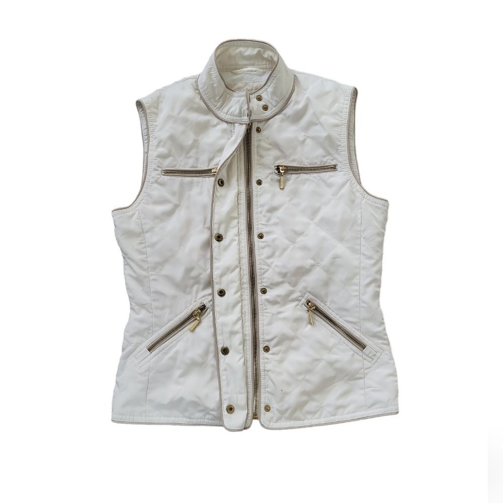 EUC Zara Basic women's quilted gold accent cream white vest, sz S